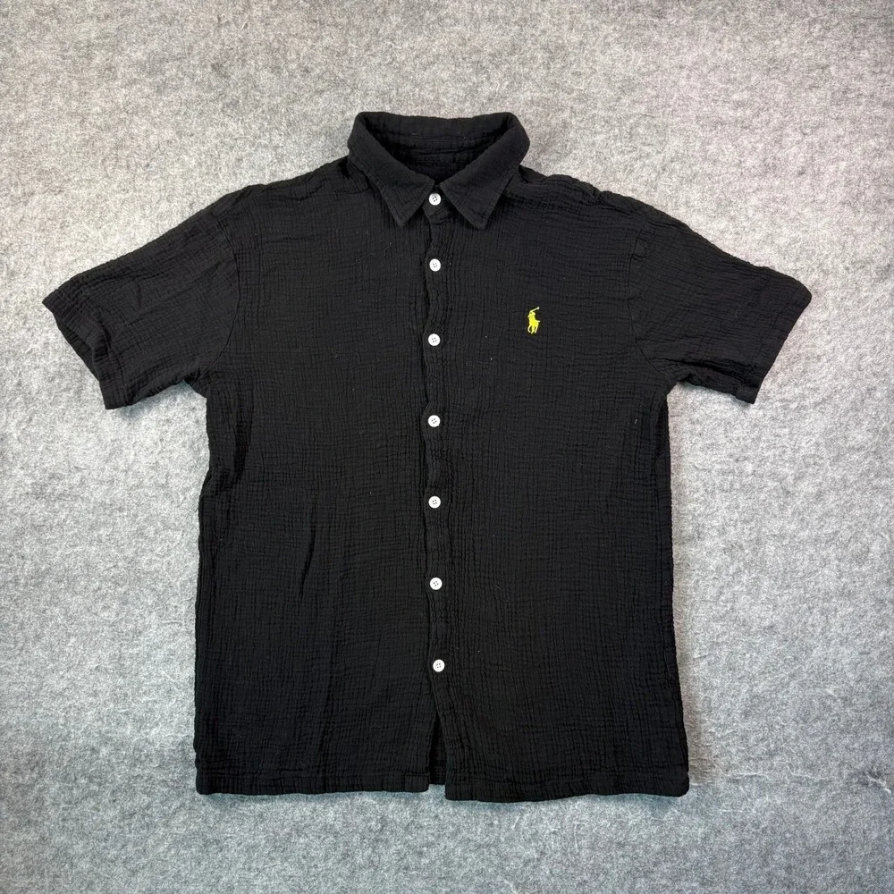 Polo Ralph Lauren Shirt Mens Black Crinkle Gauze Cotton Short Sleeve Button Down